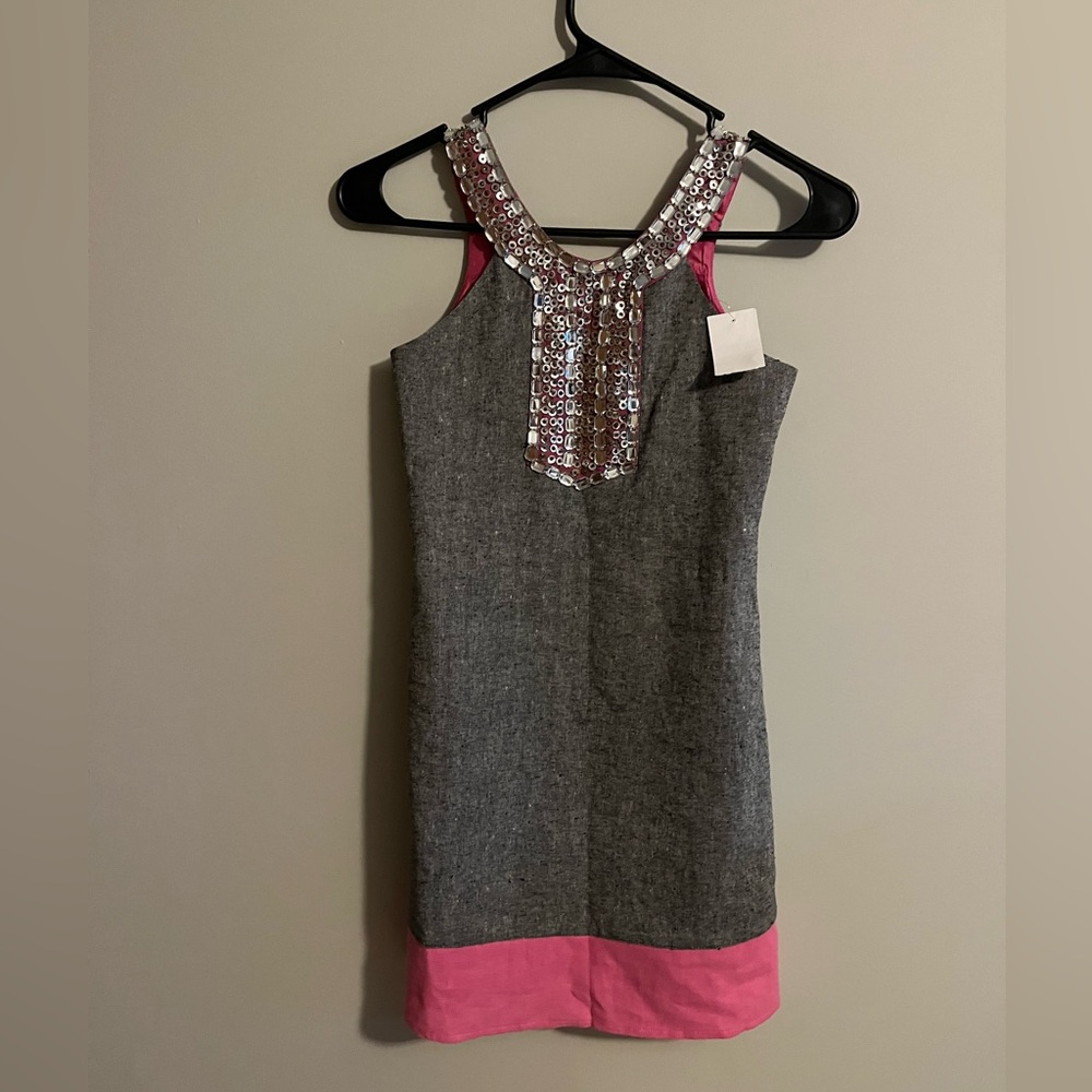 Le Pink gray pink with rhinestone beading sleeveless dress size 8